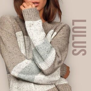 Lulus Women’s Sweater Small Brown Gray Multi Striped Balloon Sleeve Pullover